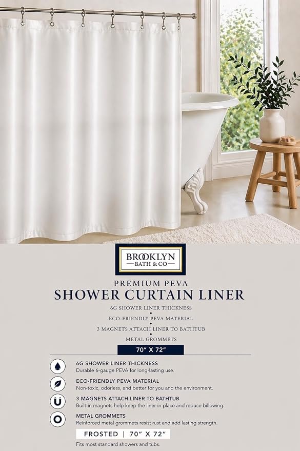 Home Expressions Premium 6 Guage PEVA Shower Curtain Liner - PVC Free Magnetized Bottom Odorless with Rustproof Grommets 70"x72" (Frost)
