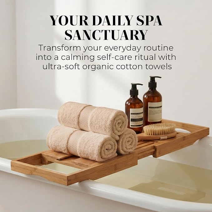 6 Piece Organic Cotton Luxury Bath Towel Set, 700 GSM Plush Long-Staple Bath Hand Wash Bundle, Soft Absorbent Quick-Dry Bathroom Towels, GOTS & Oeko-TEX Certified Hotel Spa Quality – Beige