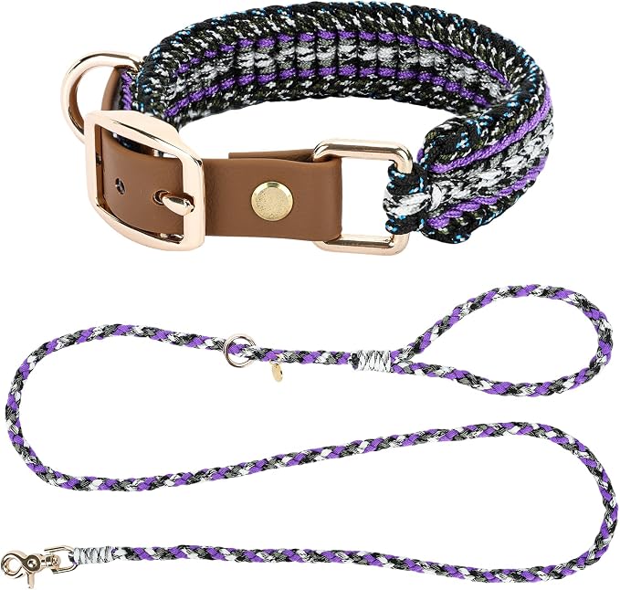 Tirevt Hand-Woven Dog Collar and Leash Set:Color-Block Design, Premium Reinforced Buckle, Adjustable Artisan Paracord for Puppies, Small, Medium & Large Dogs (Purple, XS)