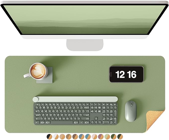 YSAGi Double-Sided Desk Pad, 23.6"x13.7"Leather Desk Mat, Eco Cork Desk Pad Protector,Large Mouse Pad,Waterproof Desk Blotter for Office/Home(Bamboo Green)
