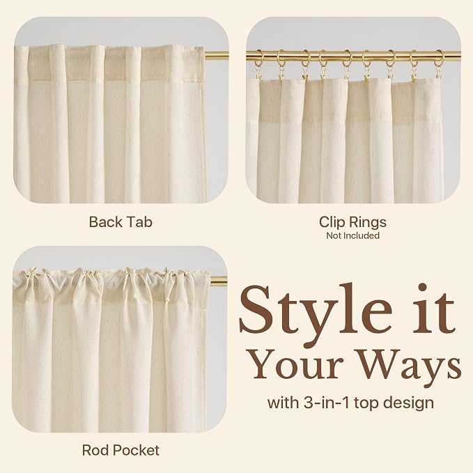 NICETOWN Linen Semi Sheer Beige Curtains 108 inches Long, Rod Pocket & Back Tab Thick Flax Linen Weave Drapes Privacy Added with Light Filtering for Bedroom/Farmhouse, W55 x L108, 2 Panels