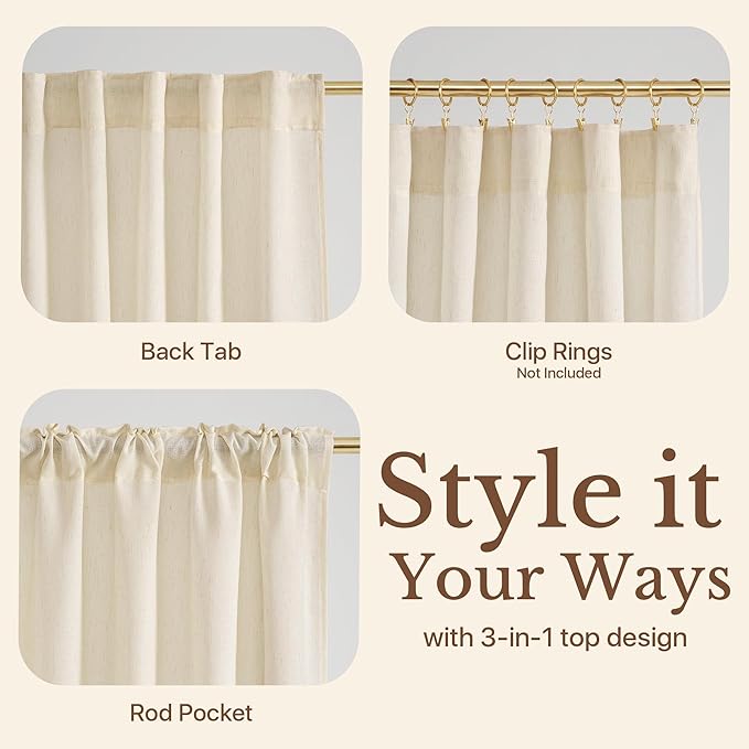 NICETOWN Linen Farmhouse Curtains for 96 inches Long, Rod Pocket & Back Tab Semi Sheer Window Treatments Privacy Added with Light Filtering Drapes for Living Room, Beige, W55 x L96, 2 Panels