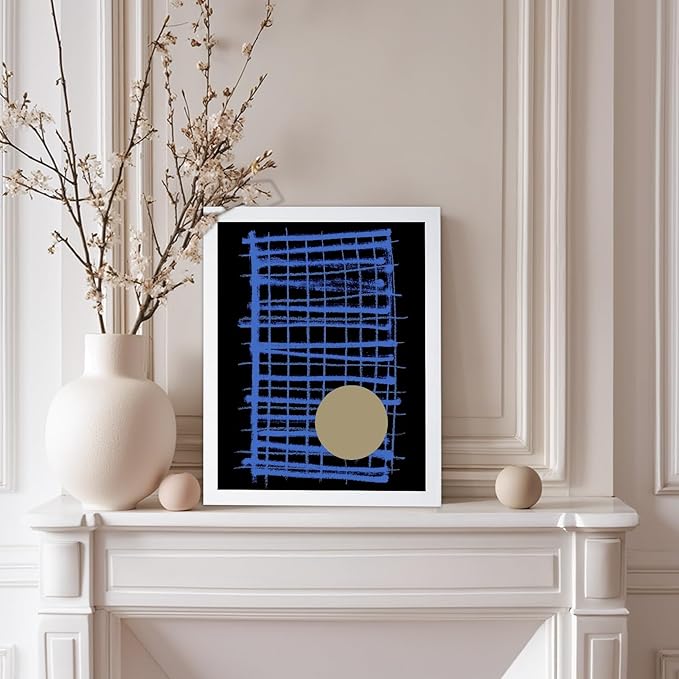 Monem Art Blue Grid Abstract Geometric Print - Modern Minimalist Art Poster - Wall Decor for Living Room, Bedroom or Office - 8x10 White Framed Wall Art by Mareike Bohmer
