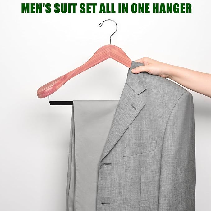 Amber Home 5 Pack Cedar Suit Hangers with Extra Wide Shoulder, Wooden Clothes Hangers for Coats & Jacket, Aromatic Natural Cedar Hangers with Non-Slip Velvet Pant Bar