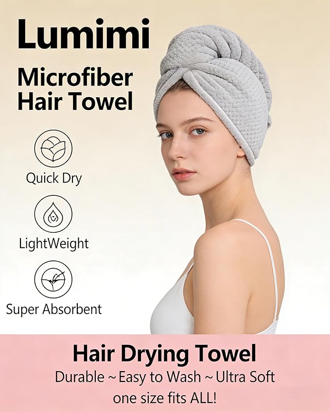 Lumimi Microfiber Hair Towel Wrap 4 Pack for Women Super Absorbent Quick Dry Turban with Button Closure, Lightweight Hair Towel Cap(5 Colors A)