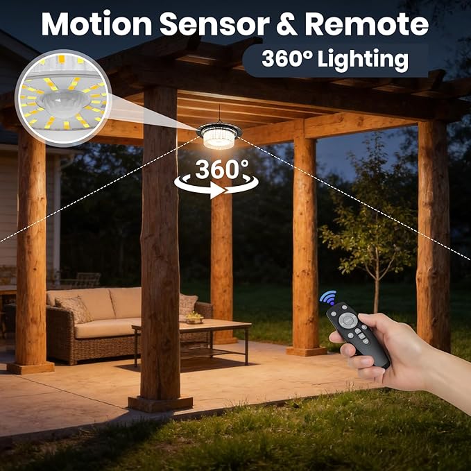 Solar Shed Light Indoor Outdoor, Upgrade Pendant Light 244 LED Three Colors 360° Lighting with Motion Sensor, Waterproof Solar Lights with 3 Modes, Remote & Timer for Shed Gazebo Garage Barn
