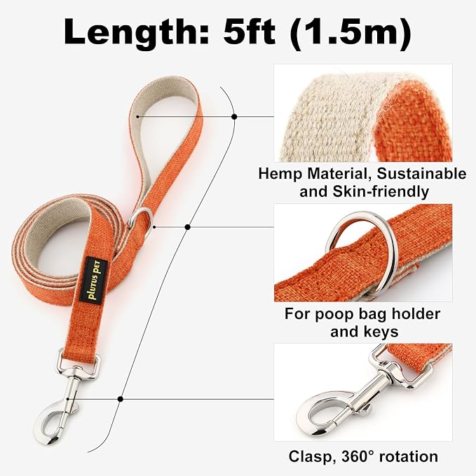 Plutus Pet Cotton Hemp Dog Collar and Leash Set, Adjustable Collar for Small, Medium, and Large Dogs, Heavy Duty and Soft on Skin, Orange, XL