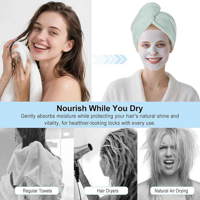 Microfiber Hair Drying Towel Wrap for Women, Hair Turbans Towel for Wet Hair,turbie Twist Hair Towels(The Color of the Picture is for Reference only) (Gray,Light Green)