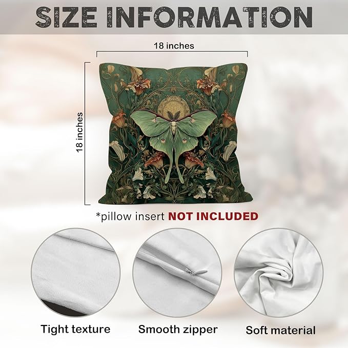 Vintage Luna Moth Throw Pillow Cover Gifts 18x18, Cottagecore Floral Decor Pillow Cases for Bedroom Living Room, Green Mystical Gothic Art Nouveau Square Pillowcases for Couch Bed Sofa