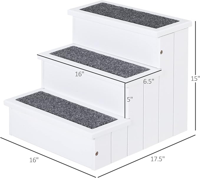 PawHut 3 Step Wooden Carpeted Non Slip Pet Stairs Ramp for Cats and Small Dogs - White