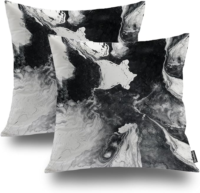 Shrahala Black and White Throw Pillow Cover, Watercolor Abstract Hand Painting On Canvas Modern Square Pillowcase Blended Double-Sided No Inserts for Bedroom Living Room Set of 2 (24 X 24 in)