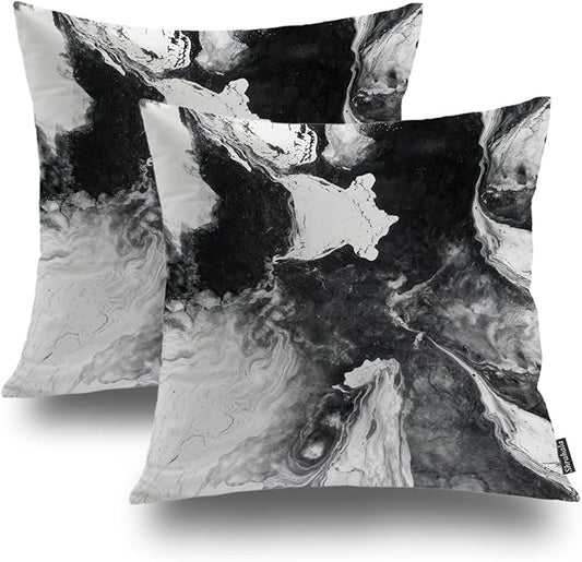 Shrahala Black and White Throw Pillow Cover, Watercolor Abstract Hand Painting On Canvas Modern Square Pillowcase Blended Double-Sided No Inserts for Bedroom Living Room Set of 2 (16 X 16 in)