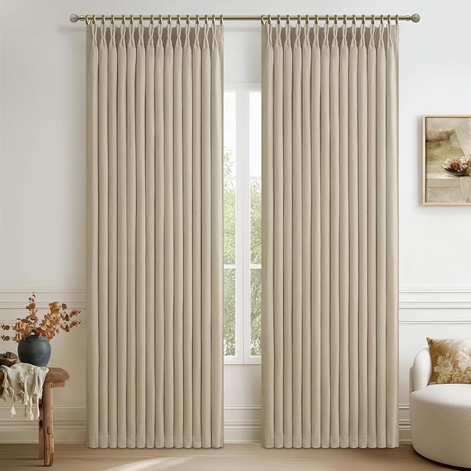 PleatedDrapes Extra Wide 70 Inch Pinch Pleated Blackout Dining Room Curtains 84 Inches Long 2 Panels Set, Memory Trained Two Layer Linen Blend Insulated Sound Dampening Neutral Window Drapes 70"Wx84"L