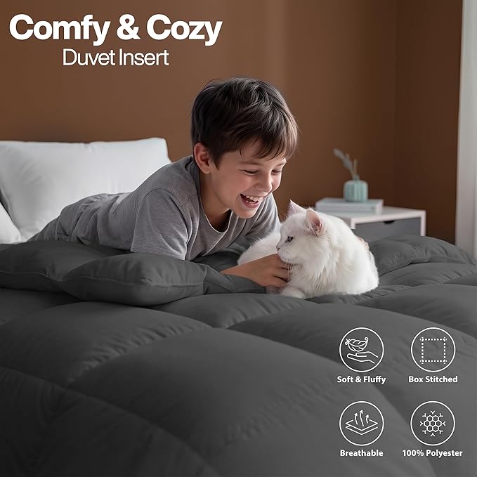 Utopia Bedding King Comforter Duvet Insert, Quilted Grey Comforter with Corner Tabs, Box Stitched Down Alternative Comforters King Size 90 x 102 inches