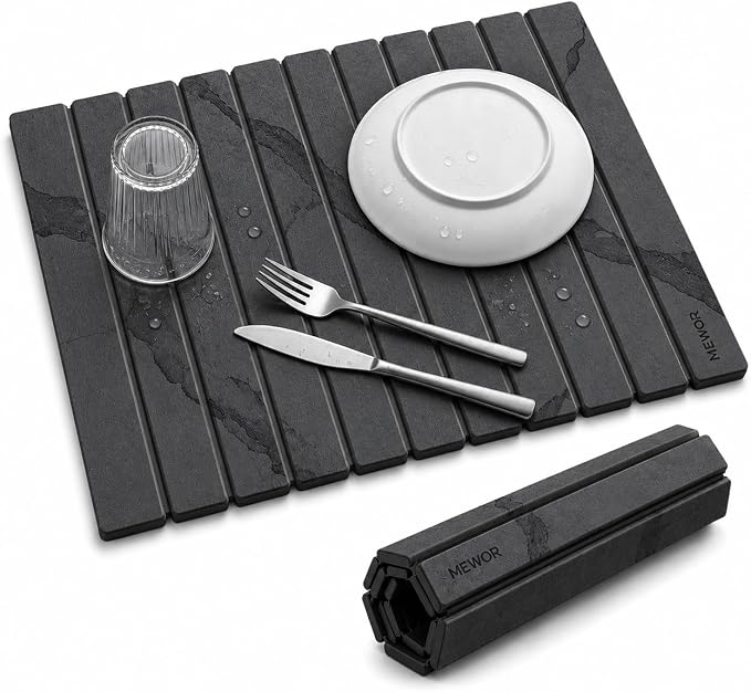 Stone Drying Mat for Kitchen Counter, 24"(L)×16"(W), Collapsible Quick Dry Stone Dishes Mats, Absorbent Diatomaceous Earth Mats for Kitchen, Bathroom (Gary Marble)