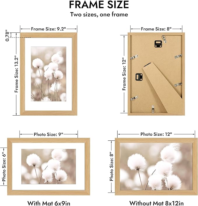 Hongkee 8x12 Oak Wood Picture Frame 1 Pack(Matted 6x9), Real Glass Cover | Natural, 8 x 12 Solid Wood Frame for Wall or Tabletop Display - Includes Easel Back, Vertical Hang - Ideal for Home, Office
