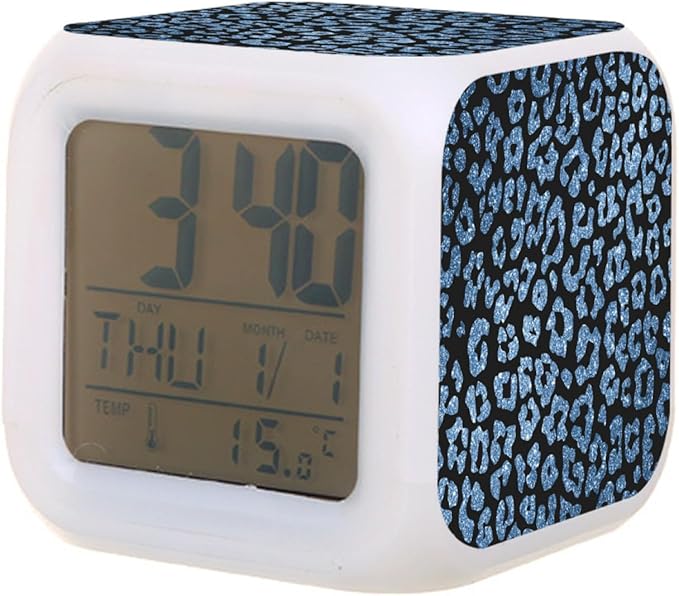 Digital Alarm Clock,Blue Leopard Glitter Print 7 Color Change LED Digital Alarm Clock with Date Thermometer for Toddlers,Girls and Boys