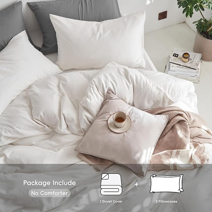MooMee Full Duvet Cover Set, 100% Washed Cotton Linen Like Twill Thick Sturdy Material Super Soft Breathable Durable Bedding for All Season, 3 Pieces (Off White, Full 80"x90")