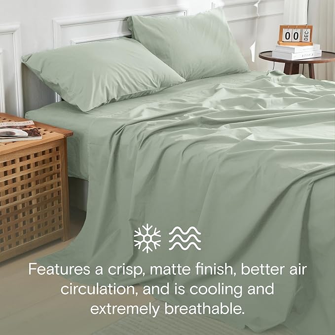 DOZ 100% GOTS Certified Organic Cotton Sheet Set, Crisp Percale Weave, Long Staple, Breathable, Matte Finish, Hotel Style, Durable, 3pc – 2 Pillowcases 1 Fitted (Sage, Cal King)