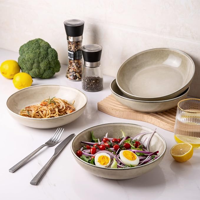 AmorArc Stoneware Dinnerware Sets & Pasta Bowls & Coffe Mugs,Service for 4 (22pc)