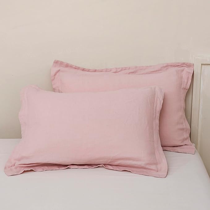 100% French Linen Pillow Shams Basic Style - Pack of 2 - Washed Solid Color Natural Flax Soft Breathable - Blush Pink, 20'' x 26''