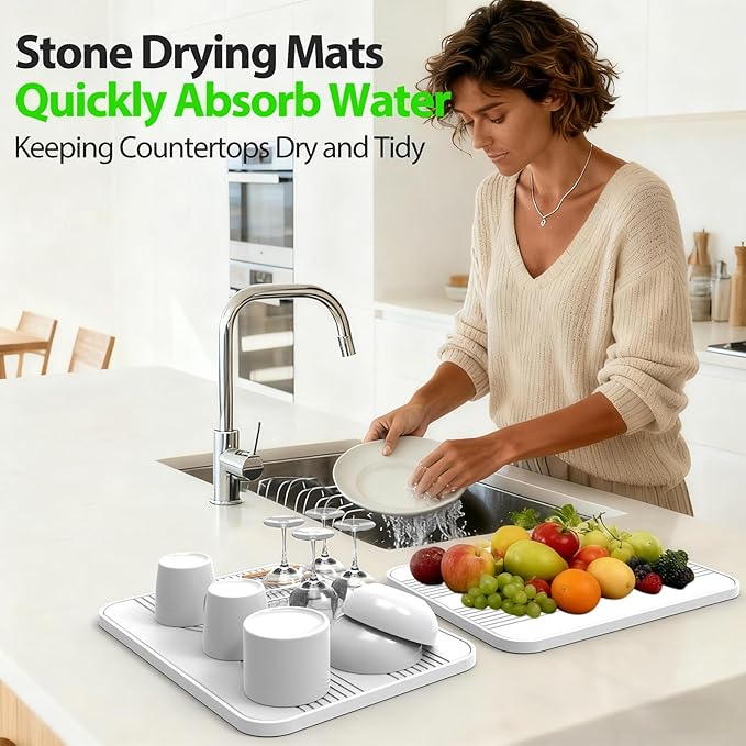 2 PCS Stone Dish Drying Mat ＆ Silicone Mat for Kitchen Counter – Diatomaceous Earth Bath Mat for Bathroom, 16.14"L×12.4"W×2 Quick Dry Mats for Dishes ,Bottles, Cups, Match Any Countertop(White)