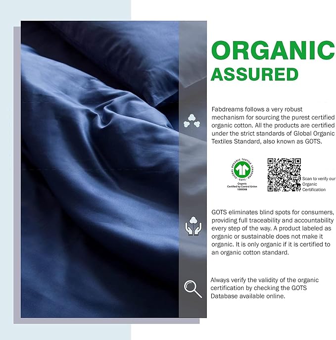 Fabdreams GOTS Certified 100% Organic Cotton Duvet Cover Queen Size - 400 TC Sateen - Soft - Silky - Zipper Closure - Edge Ties - 1 Duvet Cover (90"x92")+2 Pillow Shams (20"x26") - Dark Blue, 3 Piece