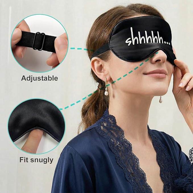 2 Pack 100% Natural Mulberry Silk Sleep Eye Mask with Adjustable Elastic Band Sleep Mask for Women & Men Soft Light Blocking Cover Eyeshade Blindfold Black