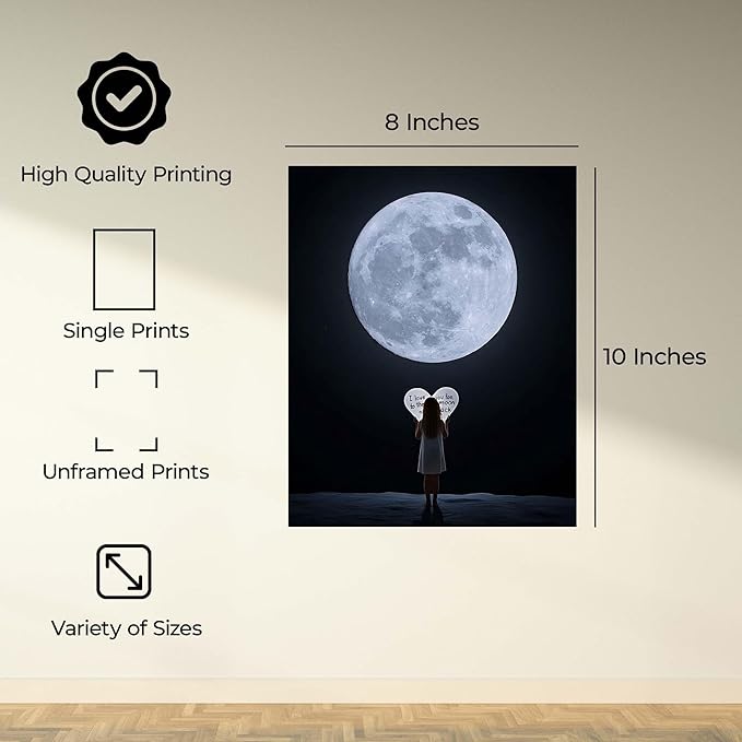 InkFlow Posters Moon and Heart Typography Poster - Romantic Night Sky Illustration - Modern Love Wall Art for Bedroom, Living Room, Home - 8x10 Unframed Canvas Print