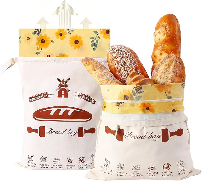 1 Pack Beeswax Bread Bags & Canvas Bags for Storage for Sourdough, Bees Wax Homemade Bread, Removable Patterned, Easy to Clean (16.7x12.8 In), Organic Cotton, Double Freshness Zipper & Velcro