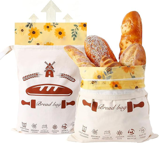 1 Pack Beeswax Bread Bags & Canvas Bags for Storage for Sourdough, Bees Wax Homemade Bread, Removable Patterned, Easy to Clean (16.7x12.8 In), Organic Cotton, Double Freshness Zipper & Velcro