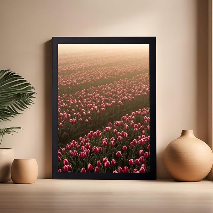 Monem Art Golden Tulip Field Sunset Photography Print - Romantic Spring Landscape Art Poster - Wall Decor for Living Room, Bedroom or Office - 16x20 Black Framed Wall Art by Mareike Bohmer