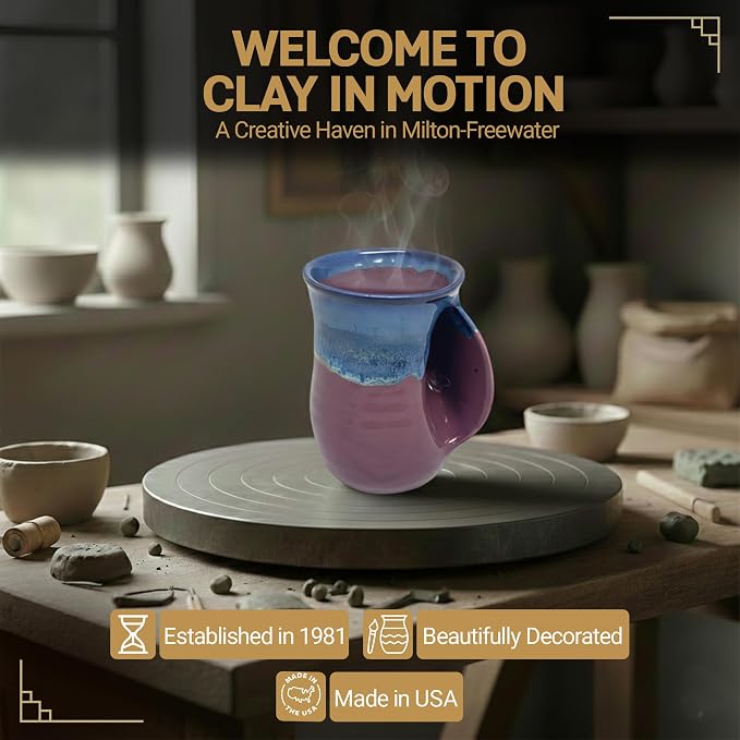 Clay in Motion Hand Warmer Coffee Mug – Handmade Coffee Mug With Comfortable Handle Contoured Pocket Hand Warming Ceramic Coffee Mug – Proudly Made in USA – Right Handed – 14 Oz - Purple Passion