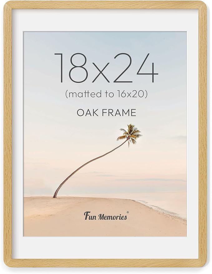 Fun Memories 18x24 Poster Frame - Solid Oak Wood Frame, 18x24 Picture Frame with Mat for 16x20, Wood Frame with Tempered Glass, 24x18 Large Poster Frame for Gallery Wall Display, Natural Oak