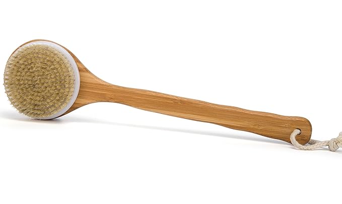 Janrely Bath Dry Body Brush Natural Bristles Back Scrubber With Long Wooden Handle For Cellulite And Exfoliating