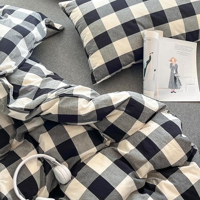 FACE TWO FACE Bedding Duvet Cover Set100% Washed Cotton Duvet Cover Linen Like Textured Breathable Durable Soft Comfy (Full, Black and White Grid)
