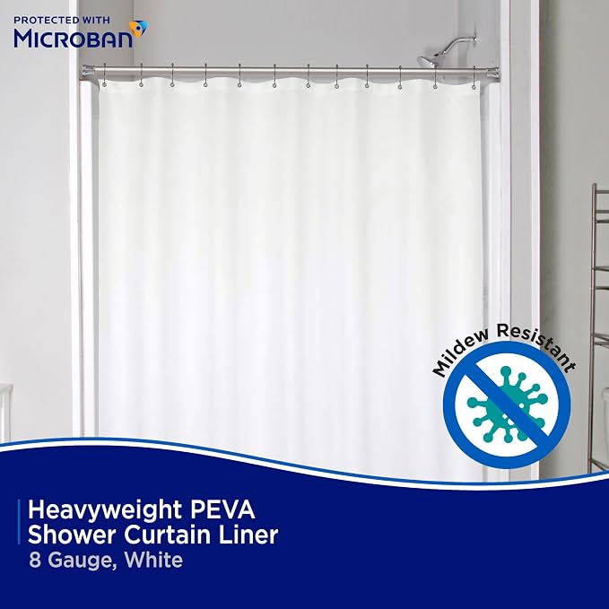 Kenney - Microban PEVA Shower Curtain Liner, Waterproof Medium-Weight 8 Gauge Design with Rust-Resistant Metal Grommets and Weighted Magnetic Hem, 70" x 72", White