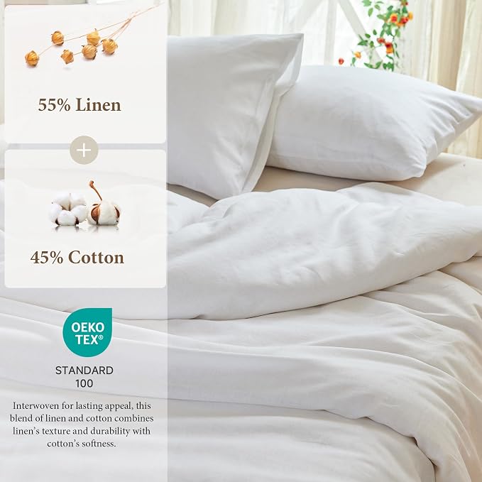Simple&Opulence Linen Duvet Cover Set Queen Size - French Linen Cotton Woven Blend in White Color, 3 Pieces (1 Comforter Cover 88x92” + 2 Pillowcases), Soft & Breathable All-Season Farmhouse Bedding