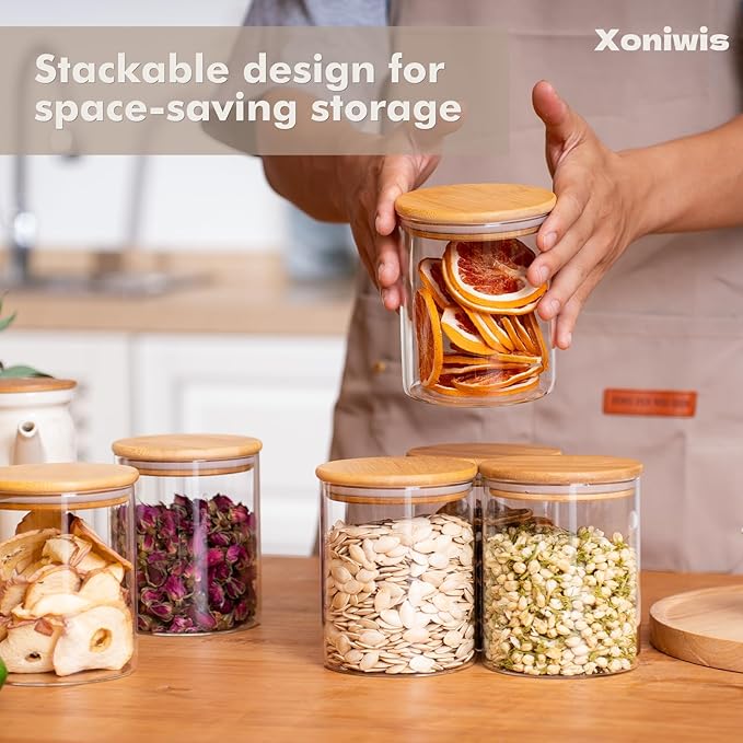 6-Pack 0.8Qt Round Glass Storage Jars with Bamboo Lids, Pantry Storage Containers for Neat Organization, Ideal for Minimalist Kitchen Organizer, Nut, Coffee Beans, Oats, Cookie, Candy, Tea