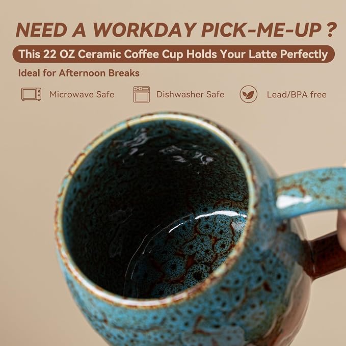 Handmade 22oz Ceramic Coffee Mug, Ergonomic Large Handle, Ideal Gift for Coffee Lovers, Microwave & Dishwasher Safe (Bas-Relief - Blue&Orange)