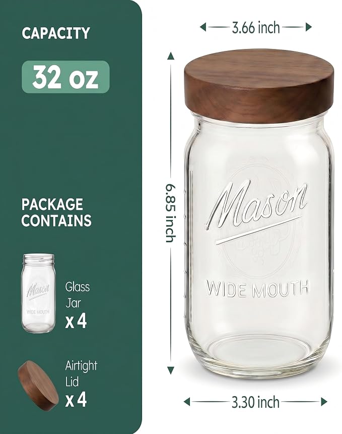 4 Pack 32 oz Glass Jars, Wide Mouth Mason Jars with Acacia Wood Airtight Lids for Food Storage, Snacks, Meal Prep & Lunch Leakproof