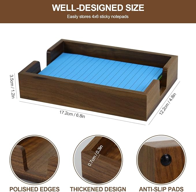 MultiBey Walnut Wood Sticky Notes Holder for Desk, 4x6 Inch Self -Sticky Note Memo Holder, Wooden Sticky Note Dispenser Office Desk Organizer for Dorm Room Office Home School (S)
