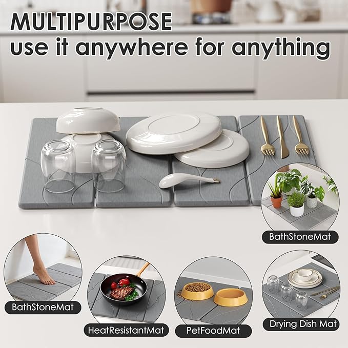 3 PCS Large Stone Dish Drying Mat for Kitchen Counter -24"x16" Absorbent Diatomaceous Earth Mat with Stone Faucet Mat & Soap Tray - Quick Dry, Collapsible, Non-Slip Countertop Organizer