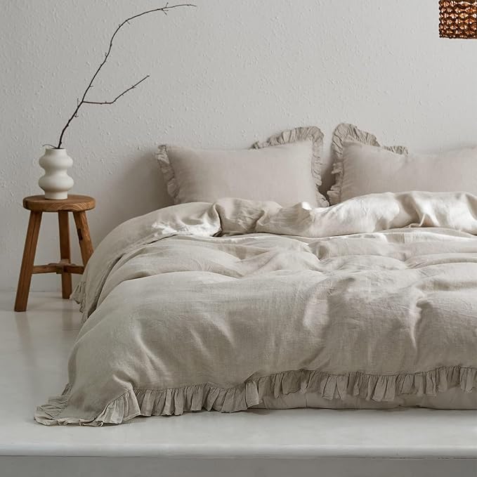 Simple&Opulence 100% Linen Duvet Cover Set, 3 PCS Natural French Flax Ruffle Duvet Cover Full Size, Breathable Comfy Linen Bedding Comforter Cover with 2 Pillowcases (Natural Linen, 78"X 86")