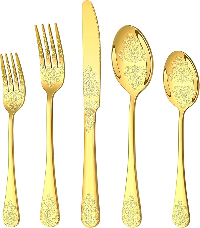 40 Pcs Gold Silverware Set for 8, Food Grade Stainless Steel Flatware Set, Eating Utensils Sets Include Fork/Knife/Spoon, Reusable Cutlery Set for Home Kitchen, Dishwasher Safe, Embossed pattern-2