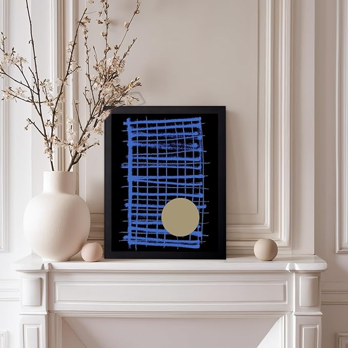 Monem Art Blue Grid Abstract Geometric Print - Modern Minimalist Art Poster - Wall Decor for Living Room, Bedroom or Office - 12x16 Black Framed Wall Art by Mareike Bohmer