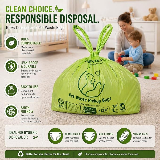 100% Compostable XL Pet Waste Bag (120 ct.) Plant-Based Cat Litter Bags Cornstarch-Based Doggy Poop Bags with Handles Compost Liners US BPI ASTM D6400 & OK Compost Home Certified (120 ct)
