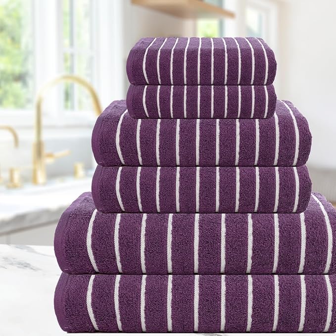 CASA COPENHAGEN Ecstatic 6Pcs 100% Egyptian Cotton Large Designer Towels Gift Set- Plum, 600GSM, 2Bath 2Hand 2Washcloths, Bath Towels for Bathroom Set for Women & Men