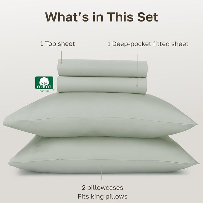 California Design Den Certified 100% Egyptian Cotton Bed Sheets King Size Set - King Sheets Deep Pocket, Soft Sateen, Durable Bedding - Meadow Grey