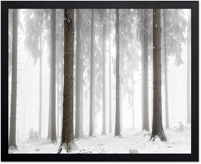 Monem Art Foggy Winter Forest Photography Print - Minimalist Snowy Landscape Poster - Wall Decor for Living Room, Bedroom or Office - 12x16 Black Framed Wall Art by Mareike Bohmer